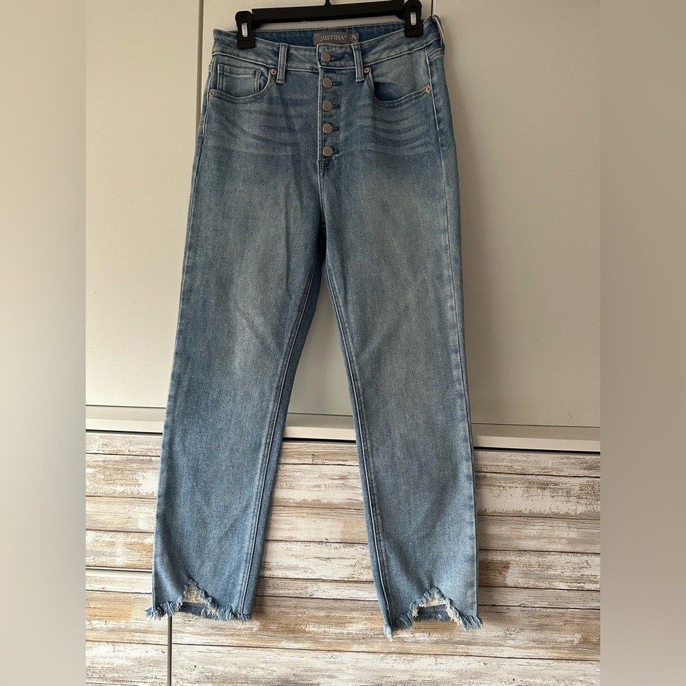 👖 JUSTUSA High Rise Button Fly Raw Hem Jeans Size 29/8 Distressed